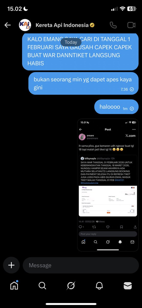 bilbynayla's tweet photo. KALO EMANG TIKET SUDAH HABIS TERJUAL DI TANGGAL YG KITA PESEN TOLONG ADA KONFIRMASI BUKAN TIBA TIBA WAKTU HABIS DI PAYMENT DIGANTI KE TANGGAL LAIN, BALAS DM ATAU SAYA VIRALIN DI TIKTOK @KAI121 https://t.co/CwG2noRM25