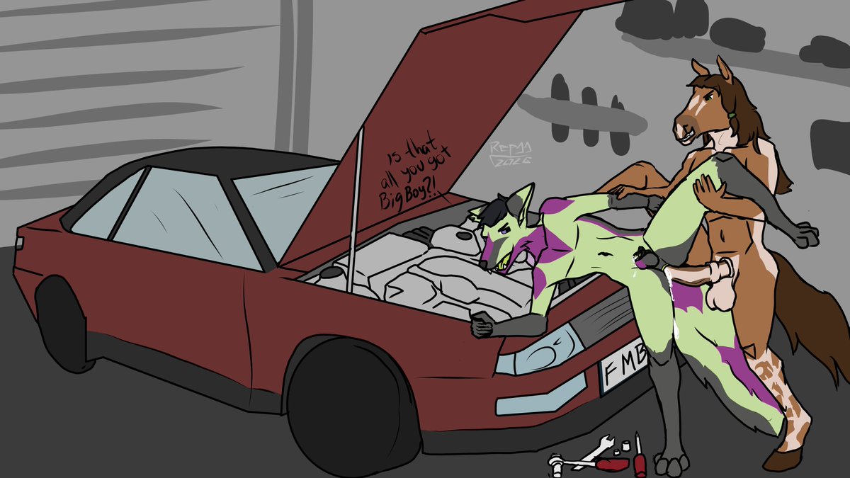 RepggAD's tweet image. Second sketch of the series "Horse and friends", this time the horse catched a bratty mechanic doing some work on his car and decided to fill him up a bit.