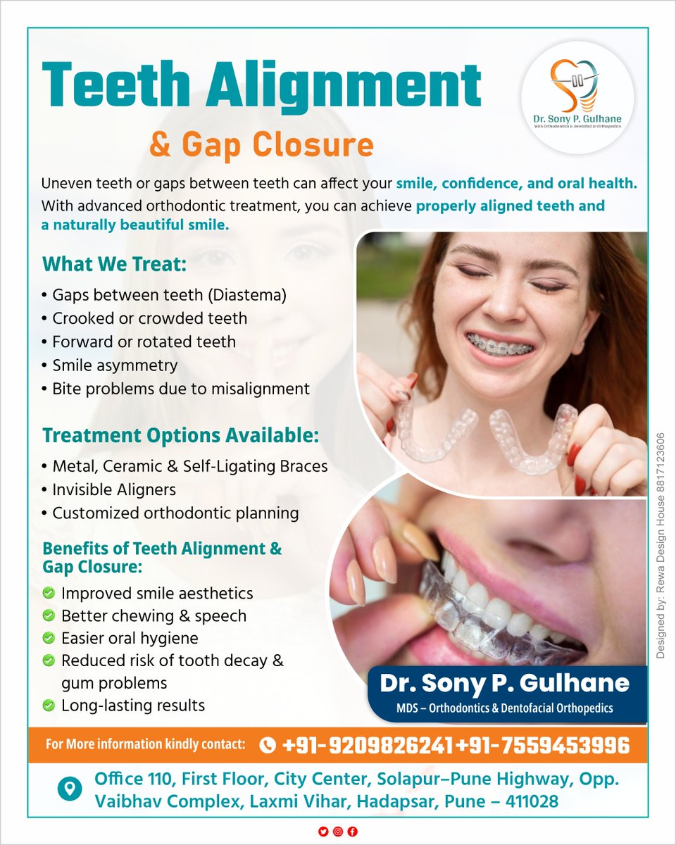 drsonygulhane's tweet image. 😁 Teeth Alignment &amp;amp; Gap Closure ✨
Get the smile you’ve always wanted!

Uneven teeth or gaps can affect your confidence, smile &amp;amp; oral health.

#TeethAlignment #GapClosure #OrthodonticCare #Braces #InvisibleAligners #SmileMakeover #PerfectSmile #DentalCare #HealthySmile