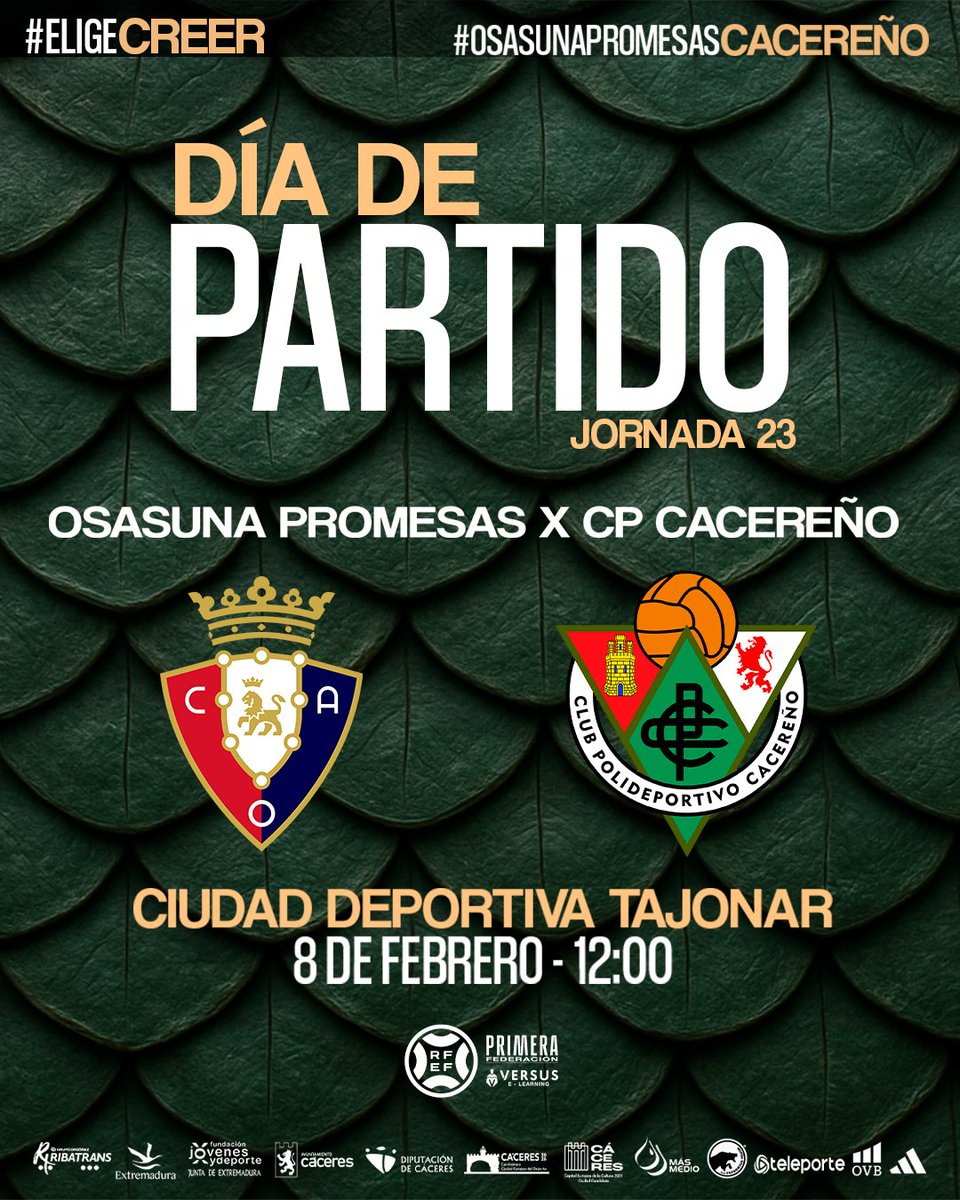 CPCacerenoSAD's tweet photo. 💚 Hoy no es un día cualquiera, hoy juega el #Cacereño 🙌

⚽️ Jornada 23ª
🆚 Osasuna Promesas @Osasuna_Tajonar 
🏟️ Ciudad Deportiva Tajonar
🕛 12:00 horas
📺 @teleporte_cc
#⃣ #OsasunaPromesasCacereño

#EligeCreer #LaOrdenDelDecano
#AúpaCPC https://t.co/943kIDt26U
