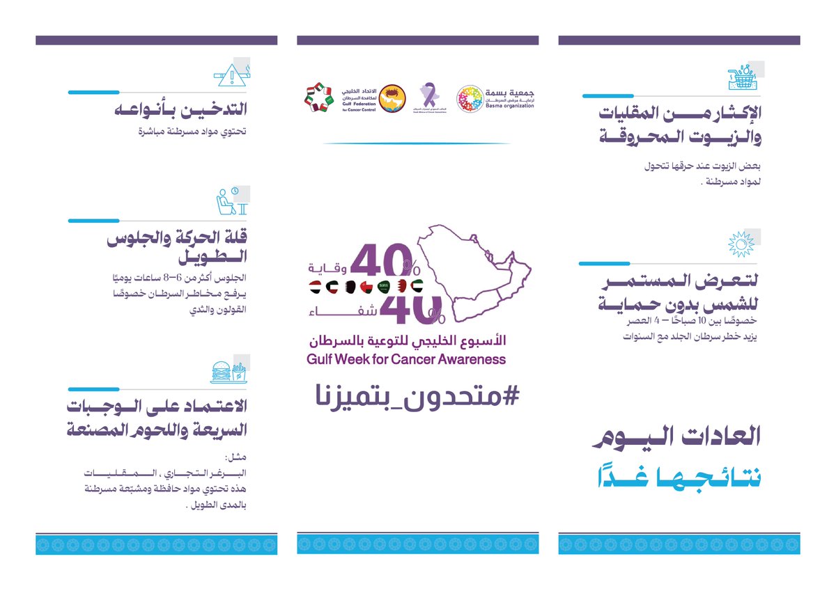رسالة اليوم✨

40% وقاية… 40% شفاء
اتباع نمط حياة صحي يقلّل خطر الإصابة بالسرطان 🎗️

#الأسبوع_الخليجي_للتوعية_بالسرطان #متحدون_بتميزنا #جمعية_بسمة