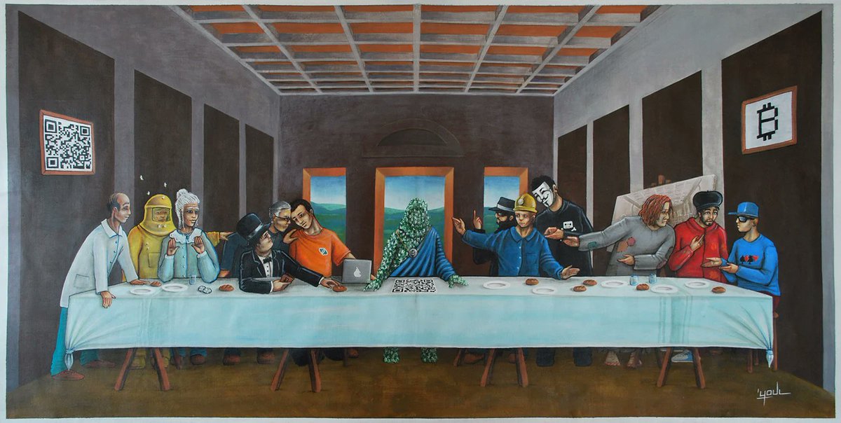 AlexisYellow's tweet image. I bought this piece, "The Last Bitcoin Supper," back in 2014. Every time I look, it gives me flashbacks of the past cycles.

Look closely at the characters:

Bees Brothers were the world's youngest Bitcoin entrepreneurs 12 years ago. They were just selling honey for Bitcoin.…