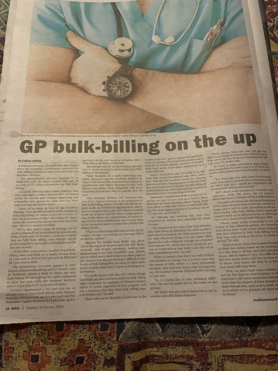 My local paper. Bulk billing has taken off rapidly in the last 12 months. And in Victoria, 43.6 per cent of clinics are bulk-billing. 

This would not be the case under a Liberal government. And Pauline Hanson would be dead against it too. Pay attention. We ALL need healthcare.