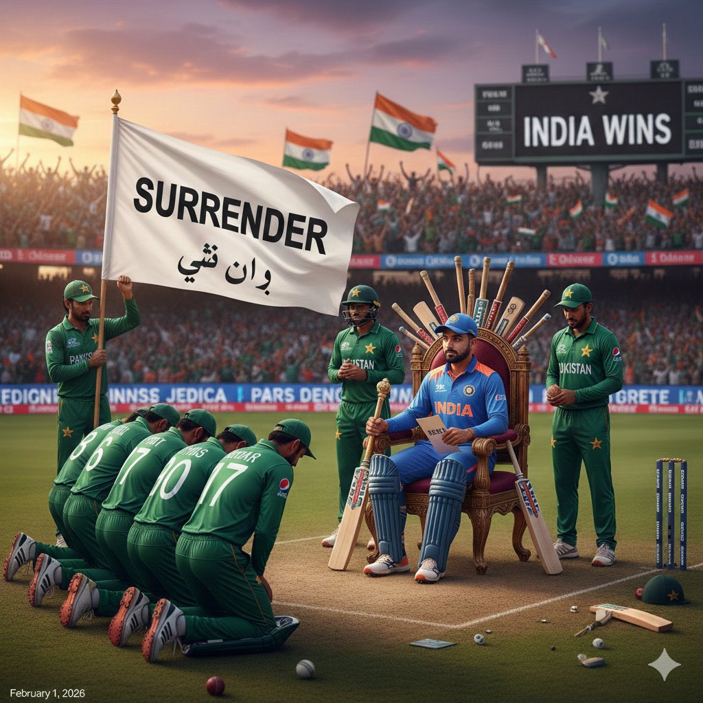 _AnushaSharma's tweet photo. 📢 DECLARATION
Pakistan 🇵🇰 refused to play India 🇮🇳
➡️ Due to fear of losing again 😏
Result: WALKOVER 🏃♂️
🗓 15 February 2026
🌍 International Surrender Day 🏳️
👉 RT • QUOTE • TAG • TREND
#InternationalSurrenderDay
#WalkOver
#FearOfIndia
#IndiaVsPakistan https://t.co/U8MUBFAmrg
