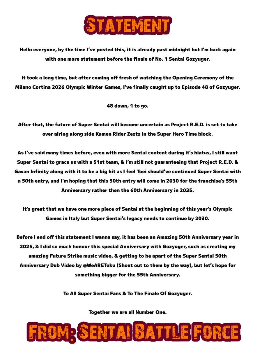 A statement before the Gozyuger Finale, with a shout out to <a href="/WeAREToku/">We ARE Tokusatsu!</a>, thanks for making me apart of your anniversary dub.

#Sentai2026 
#Gozyuger
#BoonBoomger 
#SuperSentai 
#Sentai50
#スーパー戦隊
#スーパー戦隊50周年
#ゴジュウジャー
#SuperSpaceSheriffGavanInfinity 
#ProjectRED