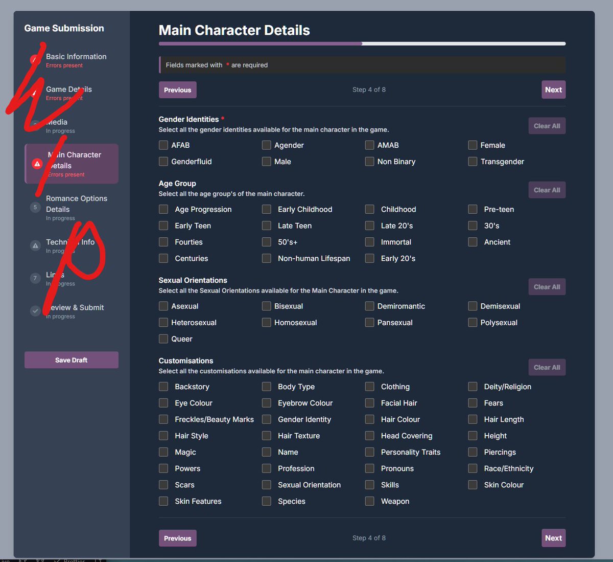 AmareGamesDB's tweet photo. Been making some progress on the site recently.
Right now I'm tackling the massive Game form that developers will be filling out.
Finished the MC details section today!
#AmareGame #Otome #indieDev #IndieOtome #AGDB #amaregamesdatabase https://t.co/ismfhfwVxn
