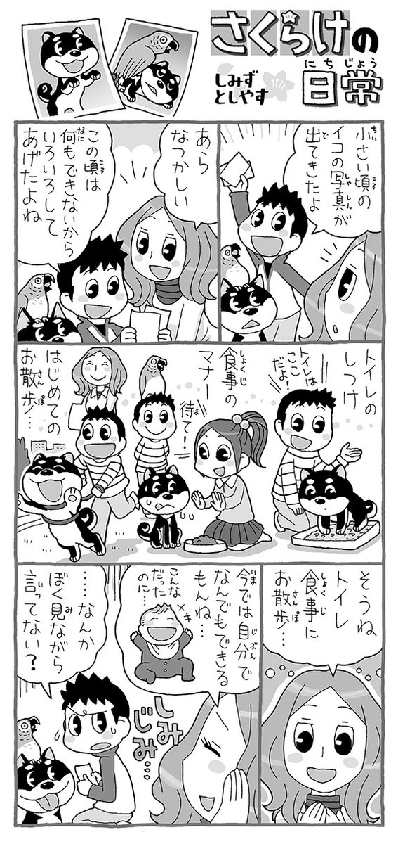 watermanWork's tweet photo. 毎週土曜日発行『中日こどもウィークリー』(現在758号)に連載中の「さくらけの日常」
これは2016年1月9日〜2016年1月30日(232号〜235号)に掲載の4話分。
動物って結構ズル賢いんですよ。

中日こどもウィークリー：https://t.co/MVI6sO7HMx https://t.co/XXhYWFRVVs