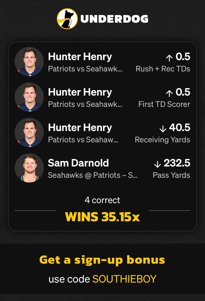 Free bonus play… use my pics…. I’m a winner…. play.underdogfantasy.com/es-EOkoNJWDYn