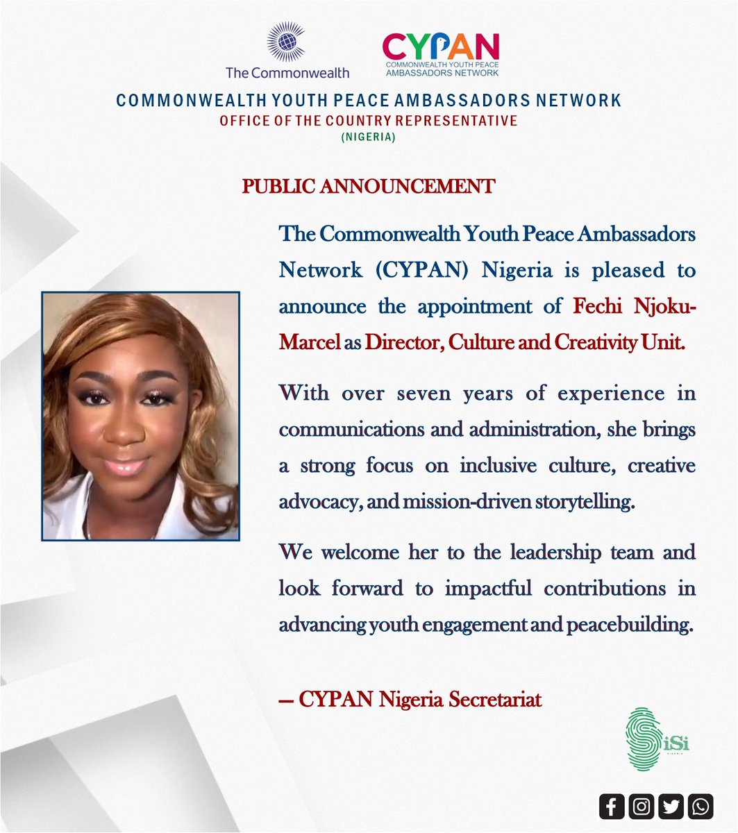 iSi9ja's tweet photo. We wish to announce the voluntary resignation of Ms. Perpetual-Love Uduma and the subsequent appointment of Fechi Njoku-Marcel as Director, Culture and Creativity Unit.

​Read the full notices below. 👇

​#CYPANNigeria #LeadershipUpdate #YouthPeace https://t.co/hJXYtkei0n