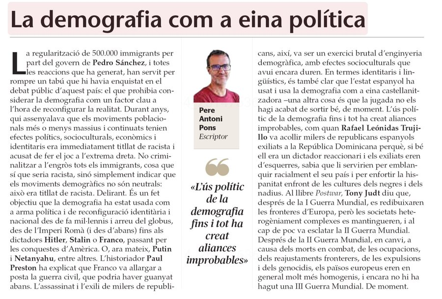 Poques coses enverinen més els debats públics que els tabús. Fins fa poc, dir que els moviments demogràfics tenen efectes reconfiguradors de la realitat podia fer que t'acusassin de fer el joc a l'extrema dreta. La història és la que és i el món funciona com funciona, però.
