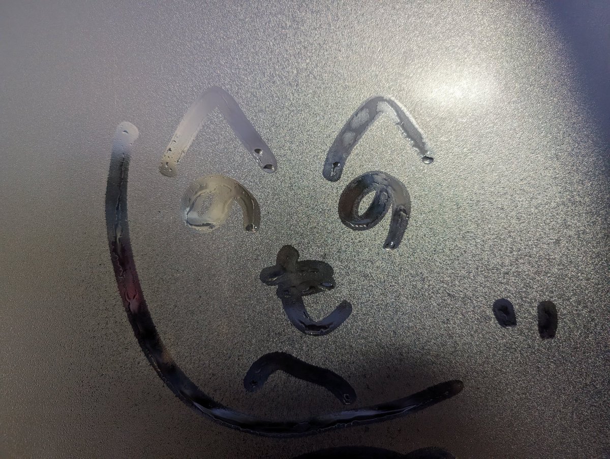 外との温度差で家の窓に描けました。