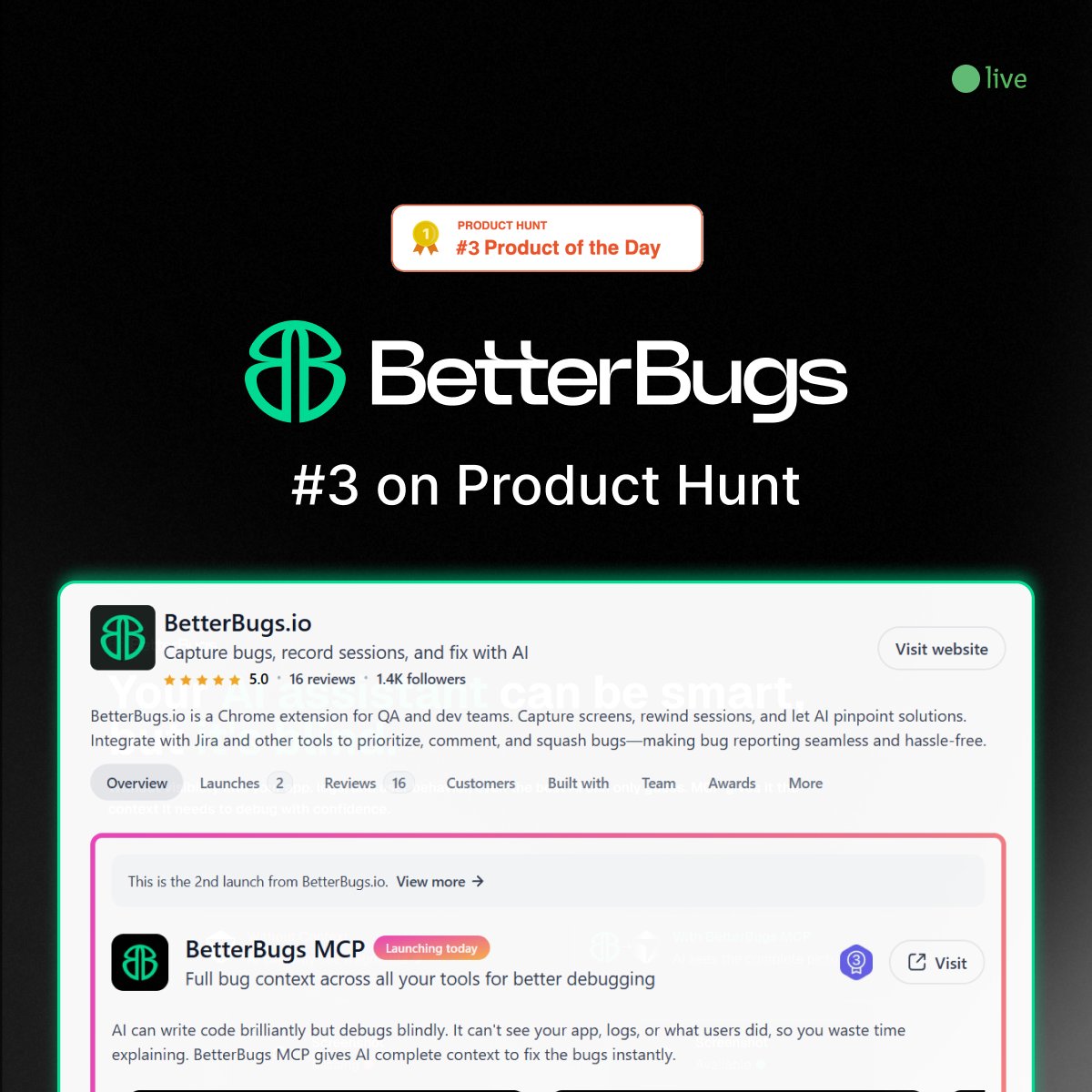 We got #3 on Product Hunt.

Let that sink in for a second.

Thank you to every single person who supported us and showed us so much love.

We are carrying this energy with us as we keep building more, and building better. 🩶

P.S. If you missed the launch, BetterBugs MCP is still
