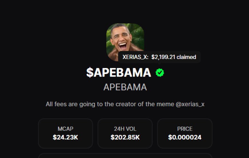 ZeddsDegens's tweet photo. @xerias_x has claimed his fees and joined the X community! $APEBAMA will live forever on Bags. I’m working with him on how he can engage and post saying thank you so we can generate more volume and get him more fees!

Millions inbound! I told you guys I would deliver. Now let me keep cooking!