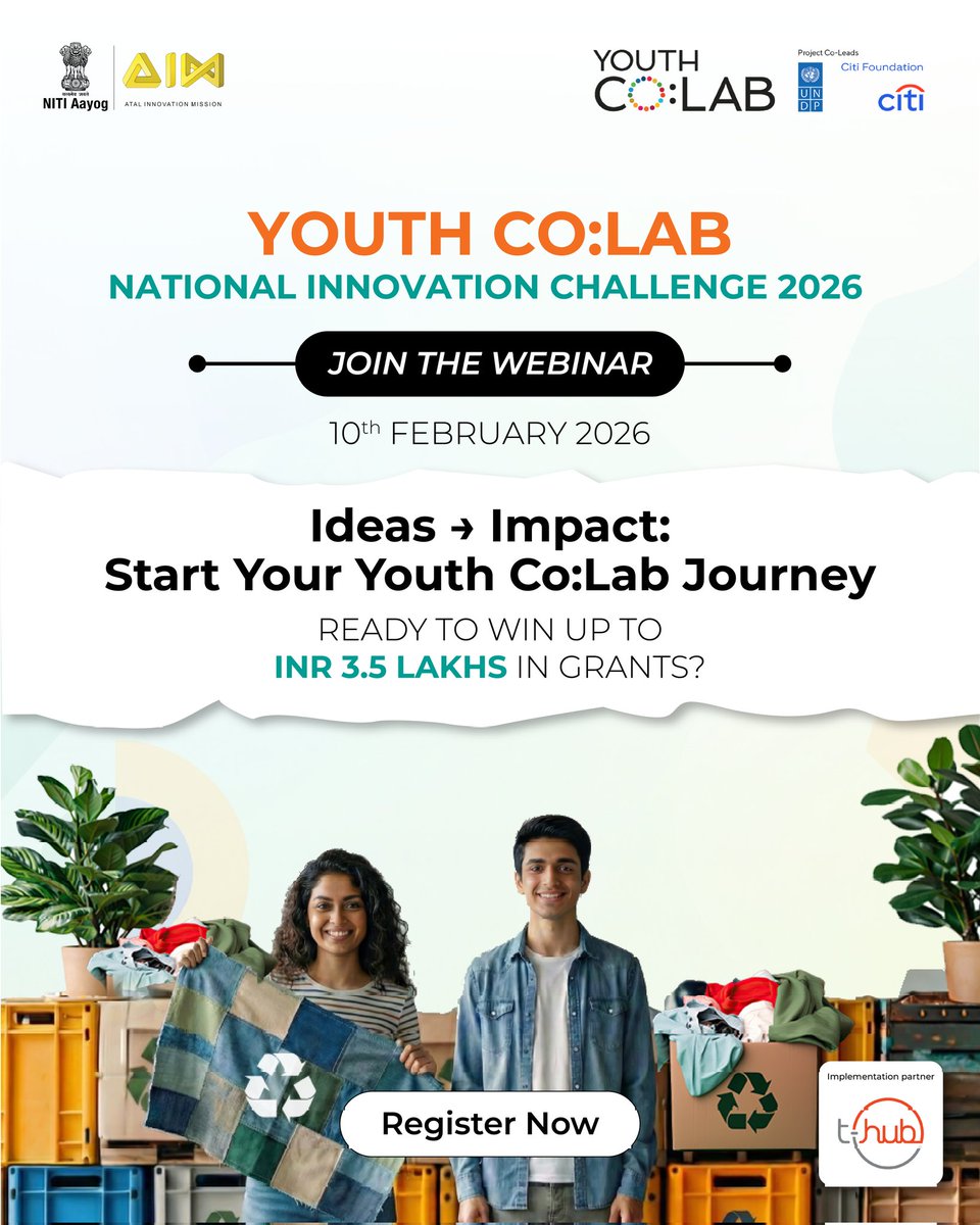 UNDP_India's tweet photo. Applications now open for YCL National Innovation Challenge 2026 🚀
Looking for bold solutions in ♻️ circular economy,👕 sustainable fashion,🌾food &amp; water systems. 

📅 Info Webinar:10 Feb- 4 PM IST

Learn how to apply+ get your questions answered live: https://t.co/5Nmt5xrQNF https://t.co/LldFspep1t
