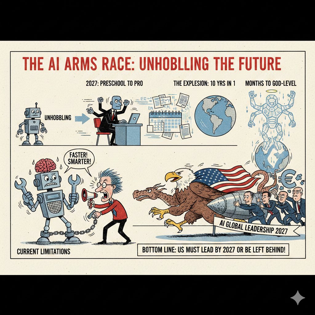 Former OpenAI researcher Leopold Aschenbrenner argues that AI is about to get much smarter, very fast. He believes current AI is already intelligent but is held back because it lacks the right tools and memory—a problem he calls "unhobbling."

Key Predictions
By 2027 (AGI): AI