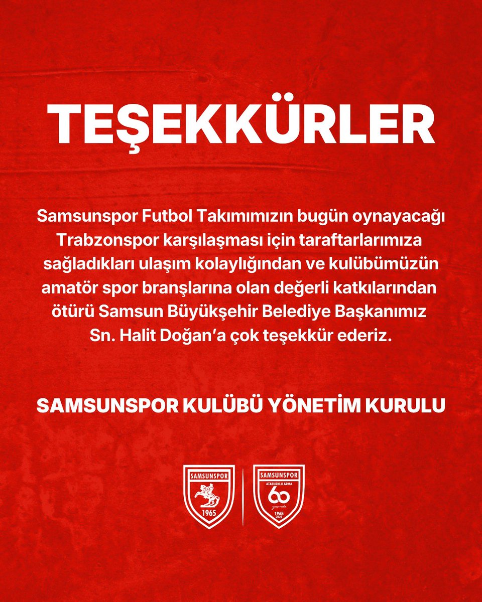 Samsunspor Futbol Takımımızın bugün oynayacağı Trabzonspor karşılaşması için taraftarlarımıza sağladıkları ulaşım kolaylığından ve kulübümüzün amatör spor branşlarına olan değerli katkılarından ötürü Samsun Büyükşehir Belediye Başkanımız Sn. Halit Doğan’a çok teşekkür ederiz.