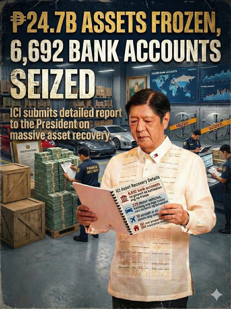 RECORD-BREAKING RECOVERY: ₱24.7 BILLION! 🚨

Hindi lang ito puro imbestigasyon. May bawiang nangyari! Base sa ICI report at datos ng AMLC, umabot sa ₱24.7 Billion ang halaga ng na-freeze na ari-arian at accounts sa loob lang ng 125 days.

Narito ang resibo ng nabawi ng