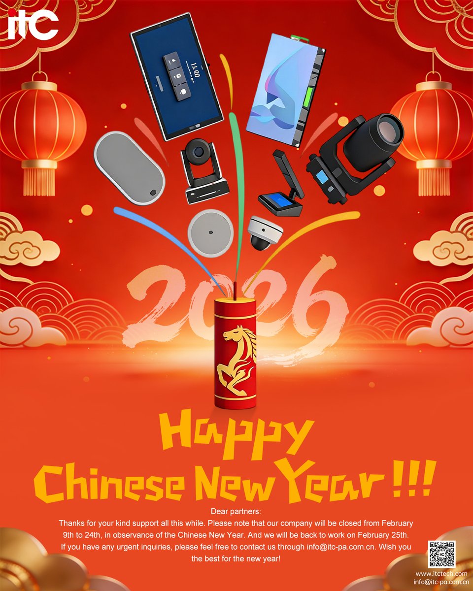 GuangzhouITC's tweet image. 📢Please note that itc will be closed for the Spring Festival from February 9 to 24, 2026. Business operations will resume on February 25. 
🌸 Wishing you a happy and prosperous New Year!
itctech.com.cn
#audiovisual #ledscreen #conference #pa #prosound #screen #speaker