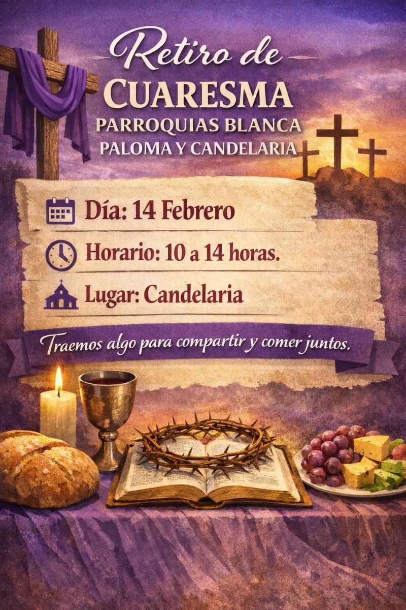 Se acerca la #Cuaresma y nosotros tenemos la suerte de poder invitaros a este retiro que tendrá lugar el día 14 en Candelaria; comienza a las 10 de la mañana. 
Una oportunidad para ir preparándonos para una de las semanas más importantes de la vida del Señor. Os esperamos ✨✝️