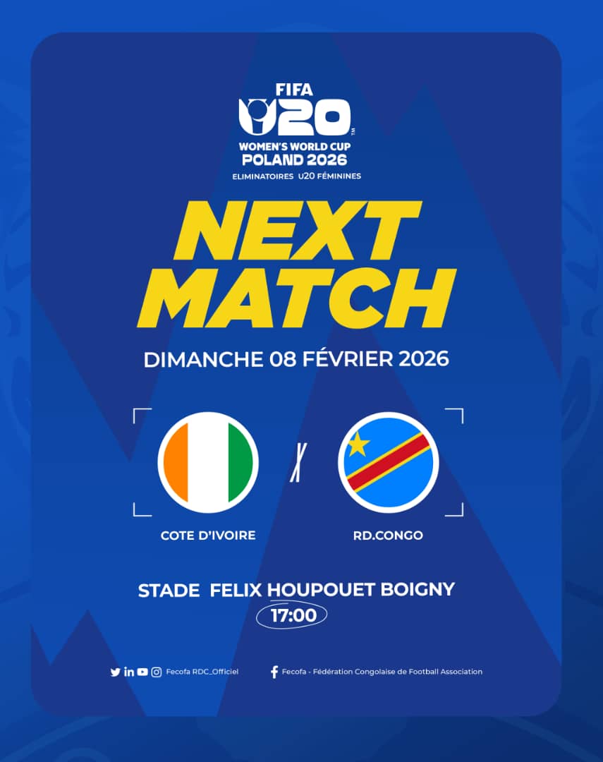 FecofaRdc's tweet photo. [Prochain match]

🏆Éliminatoires Coupe du Monde FIFA U20 Dames | Aller

⚔️🇨🇮Cote d’Ivoire 🆚️🇨🇩 RD Congo
🗓Dimanche 8 février 2025
⌚️17H00 
🏟 Félix Houphouet Boigny

#FIFAU20W #CIRDC #ProchainMatch #AllezYLesLeopards