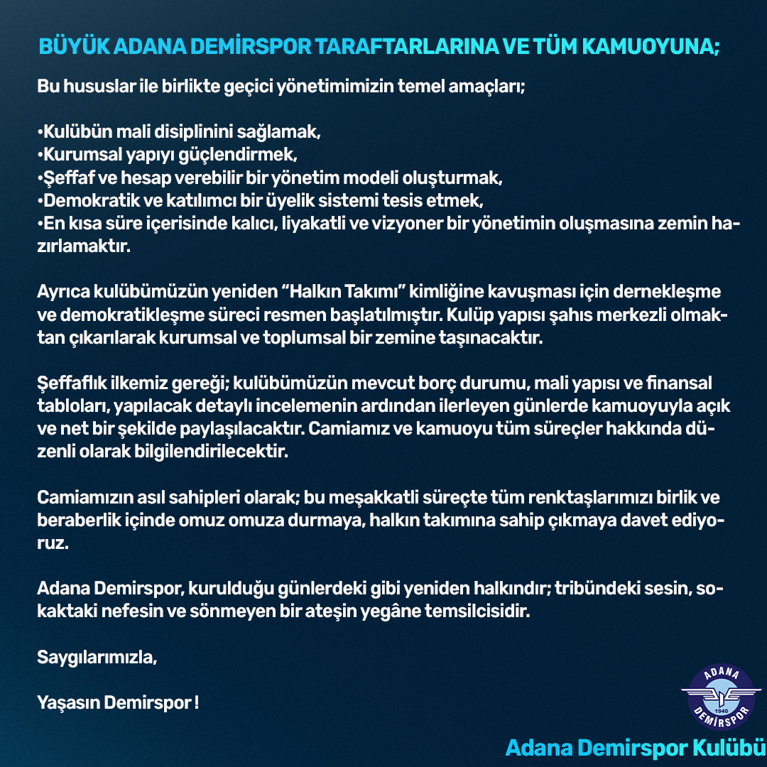 🔵 BÜYÜK ADANA DEMİRSPOR TARAFTARLARINA VE TÜM KAMUOYUNA