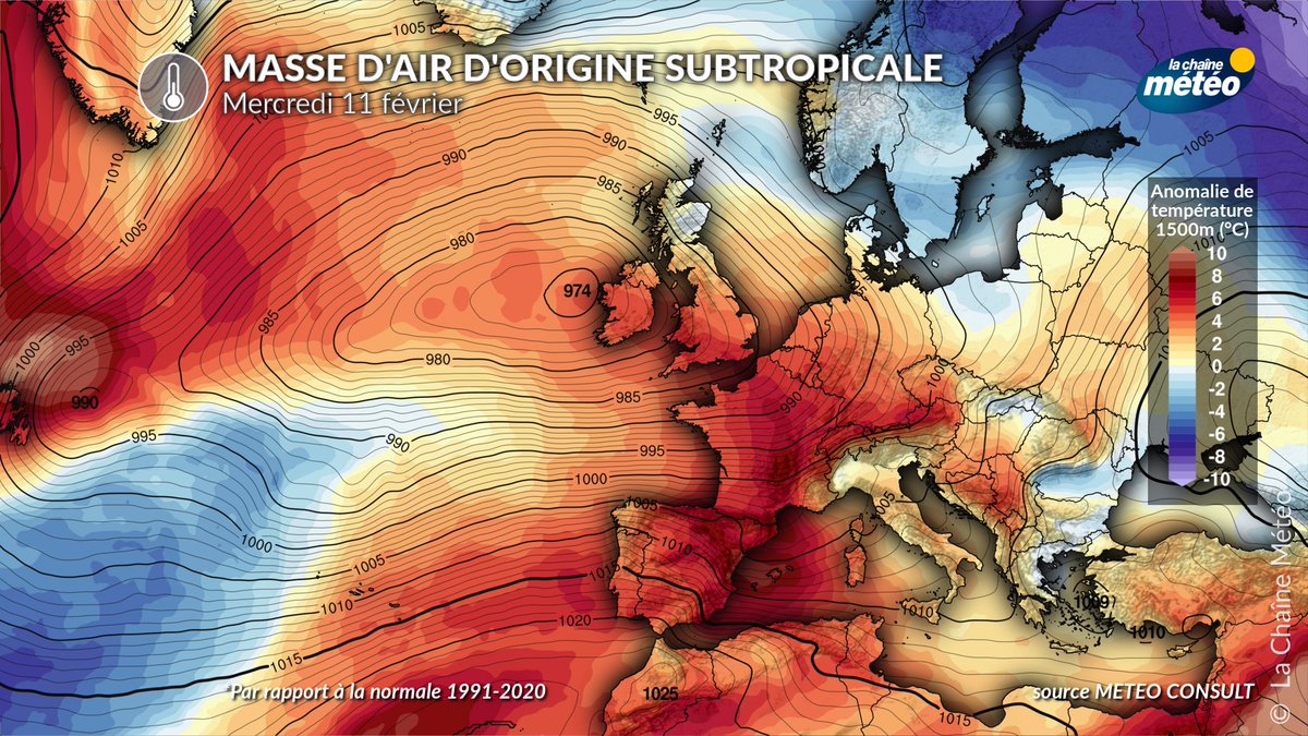 lachainemeteo's tweet photo. 🌡️Après un début de semaine #doux lié à la remontée d'air #subtropical, le temps devrait se #refroidir à l'approche de mi-février : de l'air #polaire maritime s'engouffrera sur la #France, faisant baisser les #températures. Les conditions deviendront hivernales. https://t.co/A6KDMZvWwR