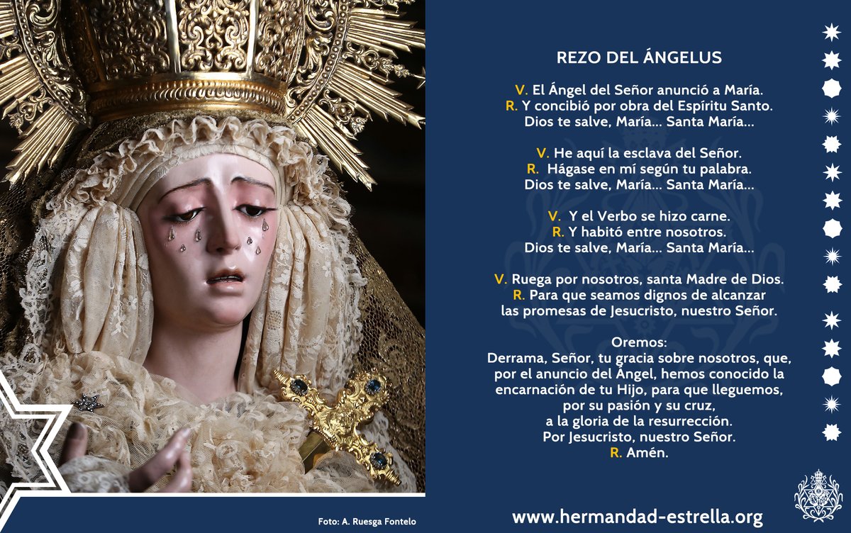 #Ángelus
El Ángel del Señor anunció a María.
R. Y concibió por obra del Espíritu Santo.
V. He aquí la esclava del Señor.
R. Hágase en mí según tu palabra.
V. Y el Verbo se hizo carne.
R. Y habitó entre nosotros. Dios te salve, María...

📷 <a href="/alejruesga07/">Alejandro Ruesga</a>