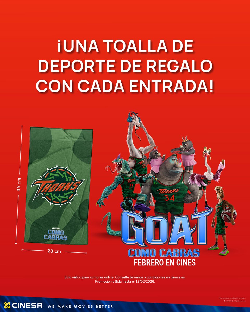 Cinesa's tweet image. Las entradas para #GOAT #ComoCabras ya están a la venta 🤩
Y con cada entrada comprada para el día del estreno, te llevarás de regalo una toalla de deporte 🏀⛹ ¡recógela el día de la sesión! ✨🍿 cinesa.es/peliculas/como…
