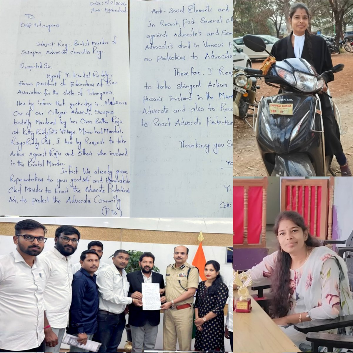 RightsVip's tweet photo. Y. Kondal Reddy Adv, Human Rights Activist Munna (Lawyer), along with Chevella Court Advocates met the Hon’ble DGP Shri B. Shivadhar Reddy and urged him to take strong and swift action in the brutal murder of Advocate Swapna.We demand justice and enhanced safety for advocates. ⚖️ https://t.co/hq2T81w2CM