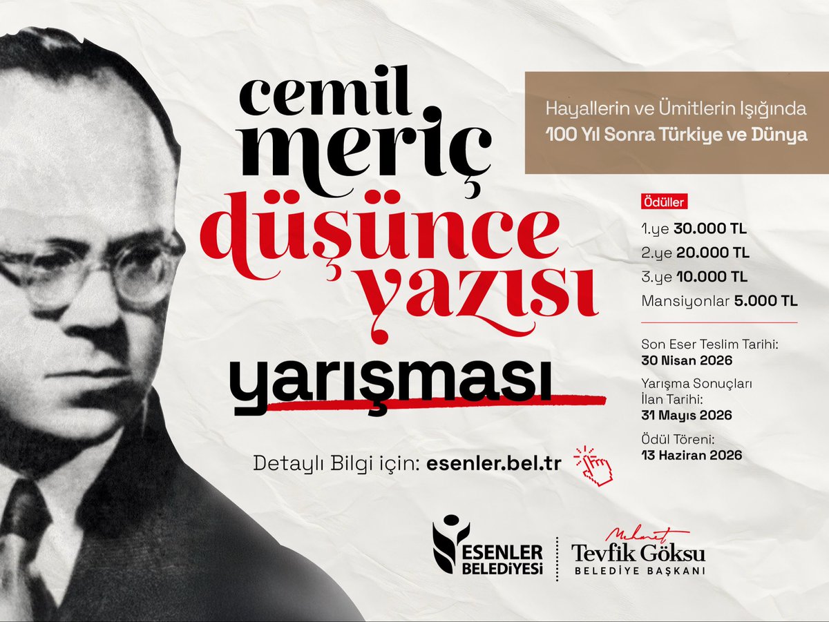 2025–2026 Kültür Sanat Sezonu’muzu atfettiğimiz Cemil Meriç’in düşünce dünyasından ilhamla, deneme yazısı yarışması için başvurular devam ediyor. ✍🏻

Düşünceleriyle ve satırlarıyla edebiyat dünyasında iz bırakmak isteyenleri buluşturduğumuz yarışmamızın detayları ve başvuru için