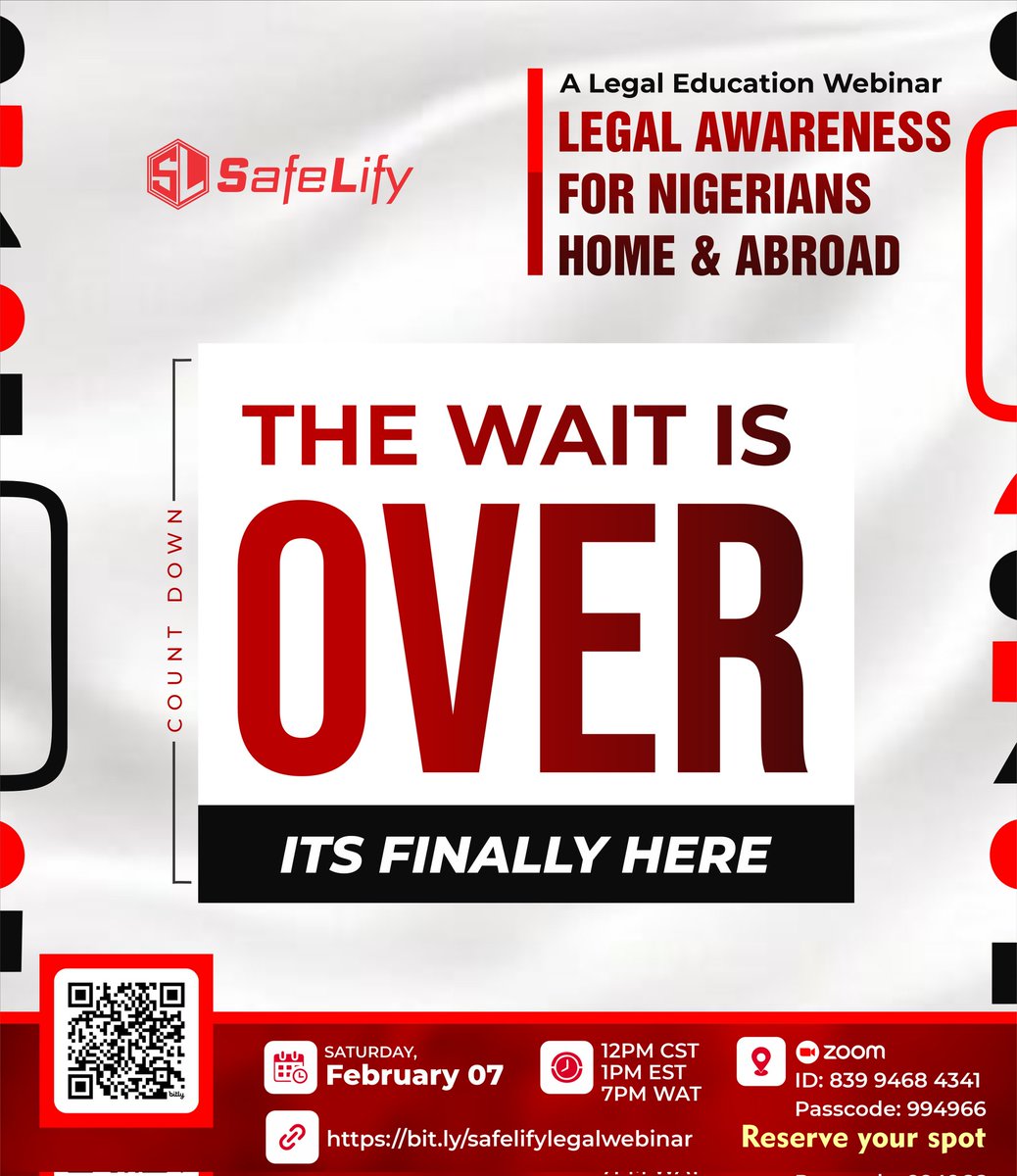 SafeLify's tweet photo. 🚨 TODAY IS THE DAY! 🚨
Legal Awareness Webinar for Nigerians Home &amp; Abroad 🇳🇬🌍

🕖 7PM WAT | 💻 Zoom
🔗 https://t.co/mpO4Hwiuxu

Join. Learn. Protect yourself. https://t.co/4RZeaW06nl