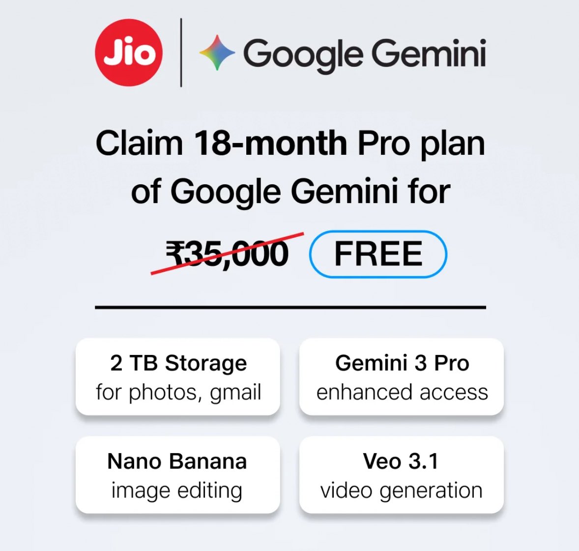 praagyajoshi's tweet photo. If you have a Jio connection, they have a pretty sweet offer for Google AI, including access to Nano Banana Pro. https://t.co/xABElTxctO