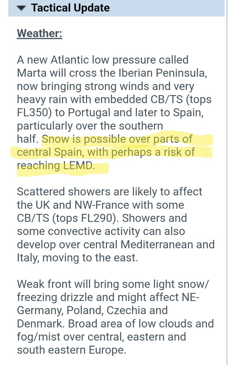 Info Eurocontrol: Posibilidad de nieve afectando al aeropuerto de #Madrid Barajas (LEMD) que opera en configuración sur. 
Ante esa previsión hay que preparar las pistas. Nos quedaremos con pista 18R única durante 20' y luego la 18L durante otros 20'. El tratamiento de las pistas