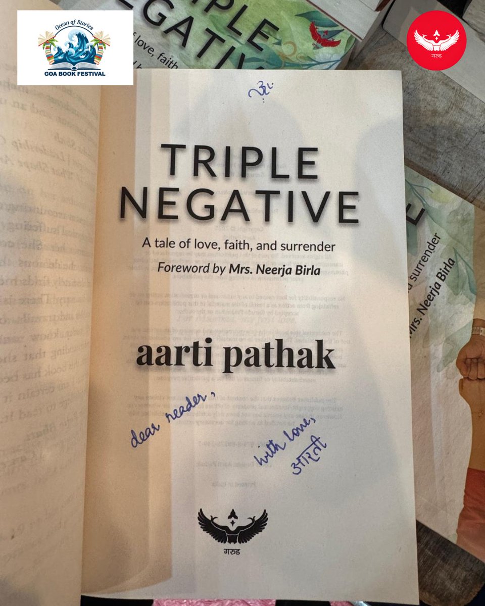 GarudaPrakashan's tweet photo. ✍️📚 Book Signing Moment at Goa Book Festival!

Our author @aarti_kpathak  signing copies of her book
 Triple Negative: A Tale of Love, Faith, and Surrender

A heartfelt story that has touched many readers.
Visit our stall and grab your signed copy!

#GoaBookFestival #BookSigning #AartiPathak #TripleNegative #IndianAuthors #BookLovers
