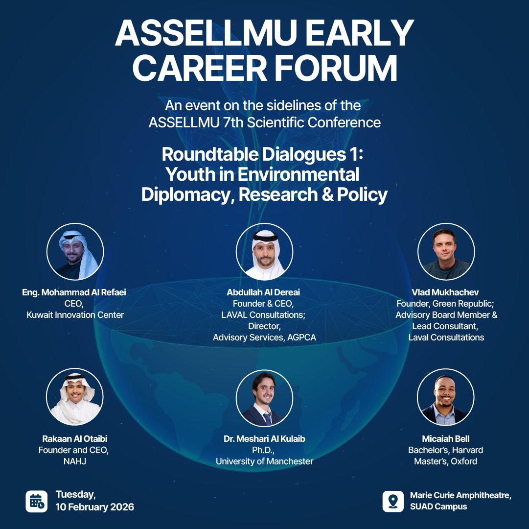 icelisglobal's tweet photo. We are happy to introduce our Speakers and Moderator for Roundtable Dialogues 1: Youth in Environmental Diplomacy, Research & Policy during the Association of Environmental Law Lecturers in Middle East and North African Universities (ASSELLMU) Early Career Forum. 

Speakers:
1. Eng. Mohammad Al Refaei - CEO, @KInnCenter
2. Abdullah Al @Dereai - Founder and CEO, LAVAL Consultations; Director of Advisory Services, AGPCA
3. Vlad Mukhachev - Founder, Green Republic AI; Advisory Board Member and Lead Consultant, Laval Consultations
4. Rakan Bin Bader- Founder and CEO, @Nahj_org
5. Dr. Meshari Al Kulaib @m_alkulaib93 - Ph.D., The University of Manchester @OfficialUoM

Moderator:
Micaiah Bell - , Bachelor's, @Harvard University, Master's, @UniofOxford

Forum Details
📅Date: February 10, 2026
📍Venue: Marie Curie Amphitheatre, SUAD Campus
For more information: https://t.co/0rf3P7Qr93

Register here: https://t.co/a4jRz6te3W

@SorbonneAD University Abu Dhabi @UNESCOChairHBKU | @certafoundation | @UNEP | @HBKU  | @thediwaninfo

#ASSELLMU #MENAregion #Sorbonne #UNESCO #HBKU #ICELISGlobal #TheDiwan #Unesco #Environmentallaw #sustainability #environmentalregulation #Unesco #unep #digital #technologies #youth #leadership