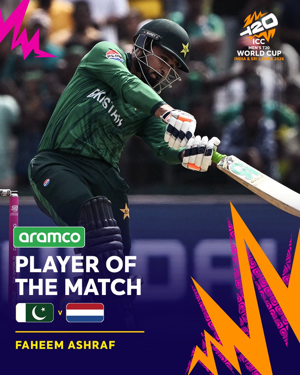 Faheem Ashraf's sensational cameo guides Pakistan to a win in the #T20WorldCup 2026 opener 👊

He wins the <a href="/aramco/">aramco</a> POTM award 🥇