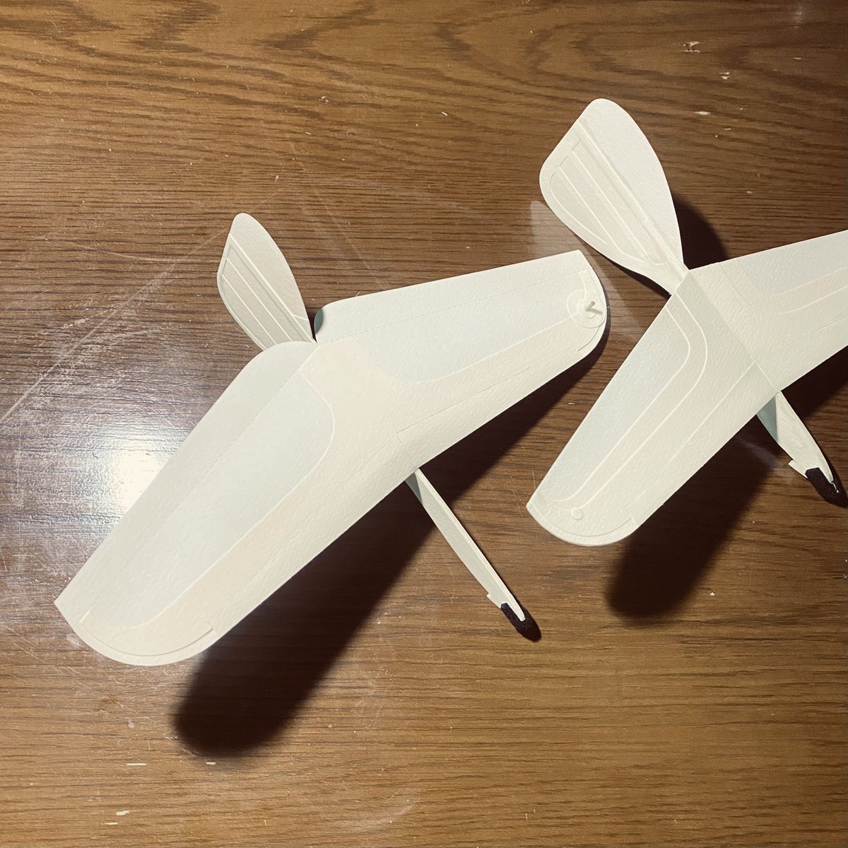 無尾翼SAL紙飛行機の試作4号機。
翼幅280mm。重さ14g。翼断面はS字キャンバーに。

見切れてるのは試作1号機。