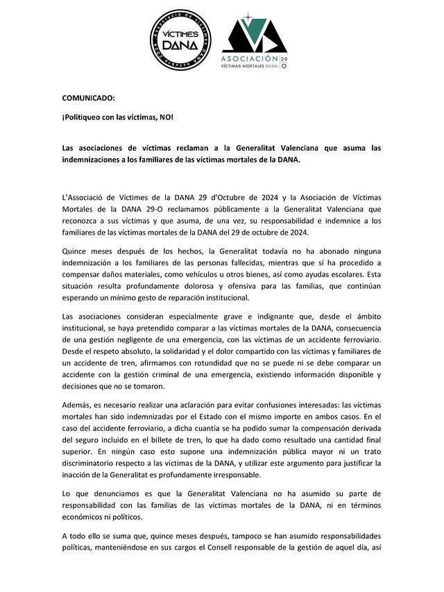 josevico4's tweet image. Esto es un comunicado de las familias afectadas por la Dana, lleno de dignidad, así que os vuelvo a pedir máxima difusión.

Después de 15 meses aún no han sido declaradas como víctimas por parte de la Generalitat, por ello no han recibido ni un euro por este concepto.
Por parte…