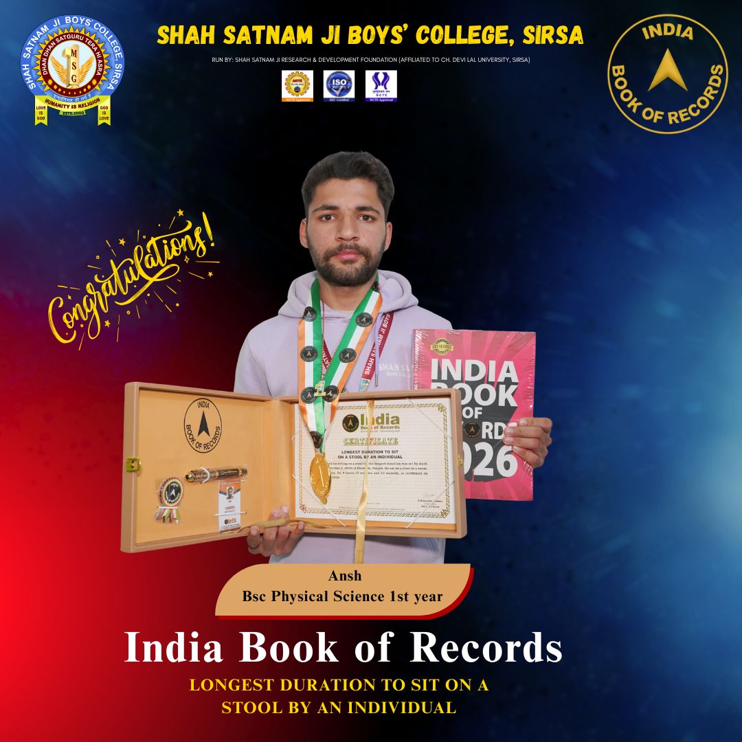 ssjboyscollege's tweet photo. Ansh Insan, a student of Shah Satnam Ji Boys’ College, Sirsa, has successfully made a record for the Longest Duration to Sit on a Stool by an Individual and earned a prestigious place in the India Book of Records 👏🔥
#IndiaBookOfRecords #RecordHolder #ShahSatnamJiBoysCollege https://t.co/jtFvevQ0Sq