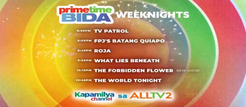 holaphofficial's tweet image. TV GUIDE | Simula February 9, Mamumukadkad ang sari-saring emosyon sa Gabi ng Pinoy, ang #PrimetimeBida ng Kapamilya Channel!

6:30PM - TV Patrol
8:00PM - FPJ’s Batang Quiapo 
8:45PM - Roja
9:30PM - What Lies Beneath 
10:15PM - The Forbidden Flower

Also on A2Z.