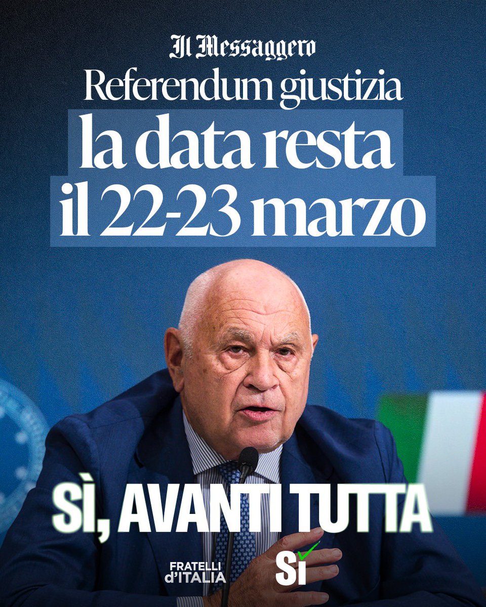FratellidItalia's tweet photo. La data resta confermata, la giustizia va cambiata. Il 22 e il 23 marzo SÌ cambia. https://t.co/g2L8qD4Chc