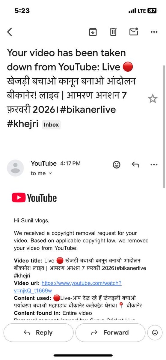 Subhashchnd29's tweet photo. The Surya Cricket Live YouTube channel has had my video removed for no reason. They filed a copyright strike. Please remove it. Thank you! https://t.co/yYggFURG6U