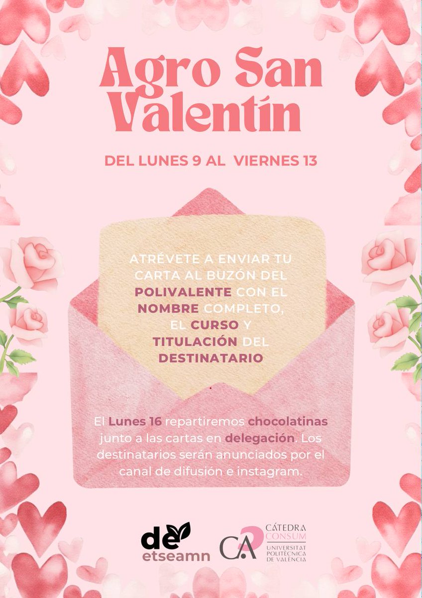 ✨💖 Agro San Valentín 💖✨
Del lunes 9 al viernes 13, envía tu carta especial 💌

Déjala en el buzón del Polivalente con: nombre completo, curso y titulación.

🍫📬 El lunes 16 repartiremos las cartas con chocolatinas.

👀 Las personas destinatarias se anunciarán por Instagram.