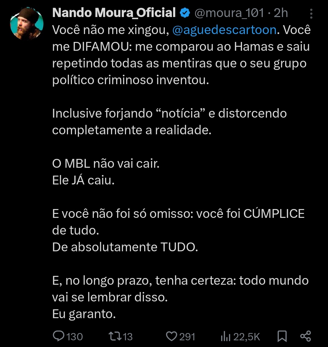 É impressionante como o Nando não aguenta ser tratado em pé de igualdade, SÓ ele pode atacar &amp; SÓ ele pode ser difamado. 

Ele vai criar uma pastinha pra tú, e caso vc recuse ser o cachorro morto pra ele chutar, ele vai correndo fazer a sua performance de vítima maximizando tudo