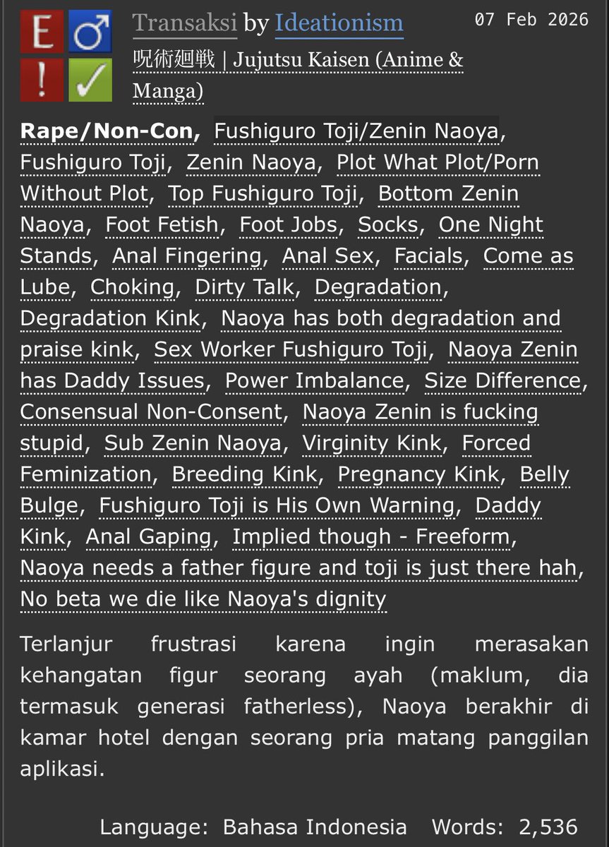 #jjk #tojinao oneshot: Transaksi.

Gigolo Toji x Fatherless Naoya. Ini dia transaksi dalam upaya menyiasati luka trauma struktural versi Naoya Zenin yang tolol itu.

t. pwp , daddy issues , one night stand

| archiveofourown.org/works/79063651