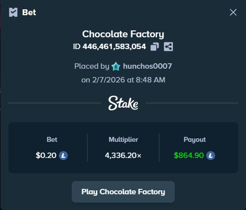 I just hit BIG on Chocolate Factory, the latest <a href="/Stake/">Stake.com</a> EXCLUSIVE SLOT from <a href="/CreativeCityWin/">CreativeCity</a>  ! 

What's your biggest win so far on Chocolate Factory?

Sending a tip to a few lucky winners 🍀