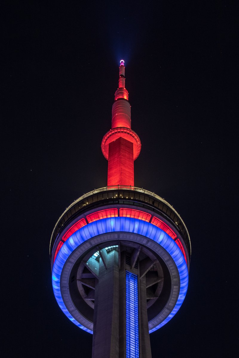 Tonight the #CNTower will be lit red, blue and grey for Yonge Street Mission's Winter Walk - in support of poverty reduction and community development