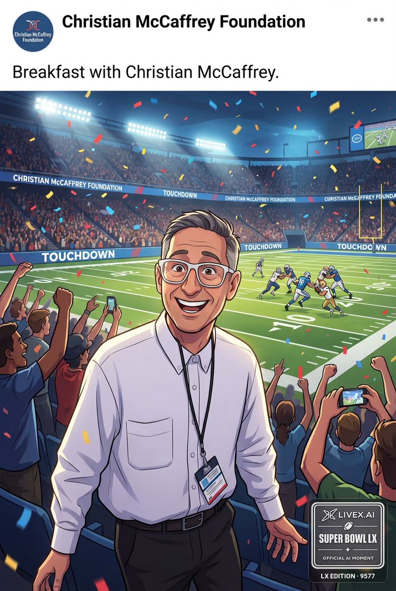 VirtuosoActs's tweet image. Just met Christian McCaffrey AI today at the Super Bowl Breakfast! @livex_ai #BarrStarrAward #SuperBowlBreakfast #ChristianMcCaffrey #SuperBowlBreakfast #LiveX