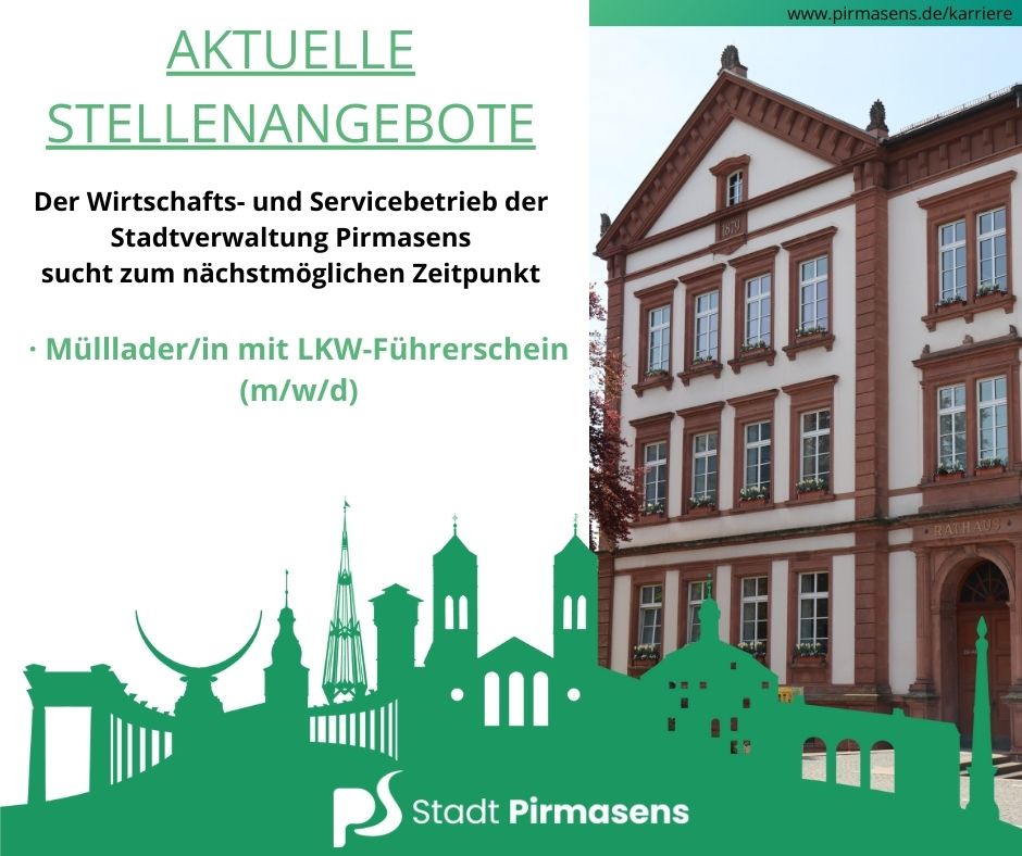 Beim Wirtschafts- und Servicebetrieb der Stadt Pirmasens ist zum nächstmöglichen Zeitpunkt eine befristete Vollzeitstelle als Mülllader/in mit LKW-Führerschein (m/w/d) zu besetzen.

Informationen unter pirmasens.de/karriere.

Hier Bewerben: stpirma.pi-asp.de/bewerber-web/?…