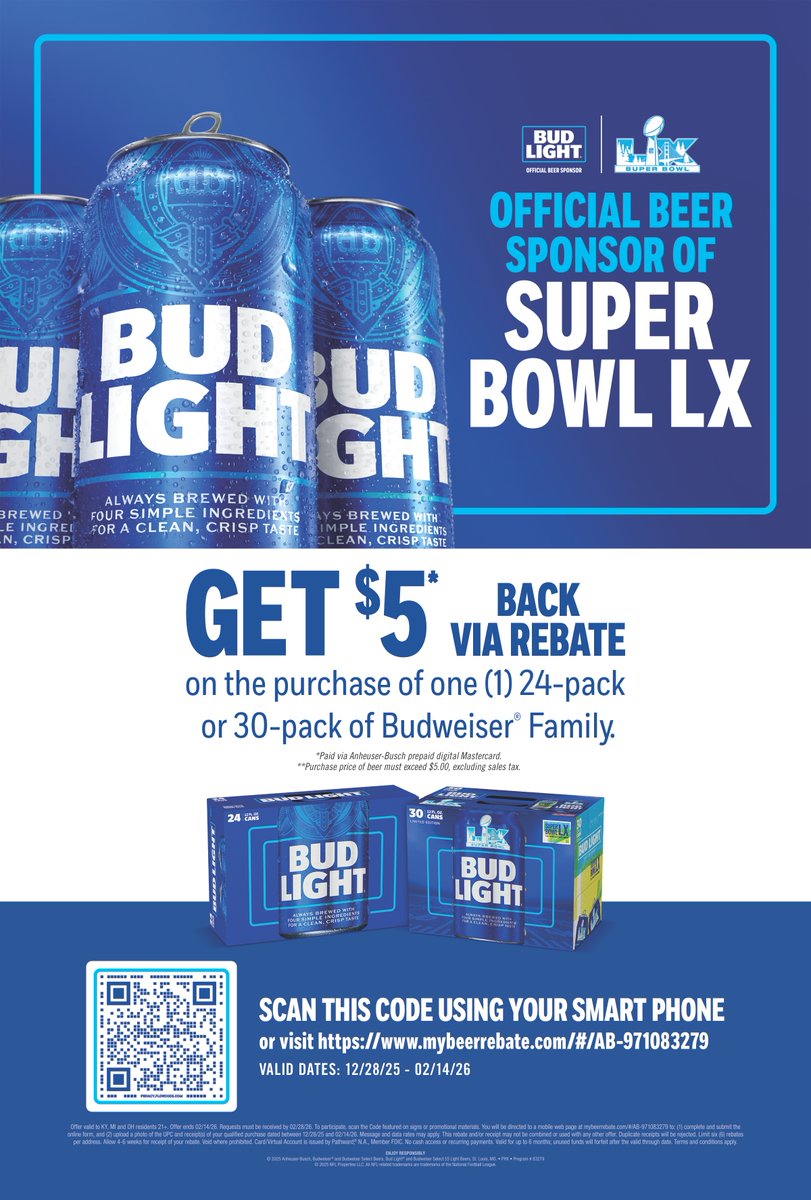 Bud Light - Your Destination for Super Bowl and a $5 Rebate 
#BudLight #SuperBowl #CountdownToKickoff #NFLFans #SuperBowlParty 
#CheersToFootball #KickoffCountdown